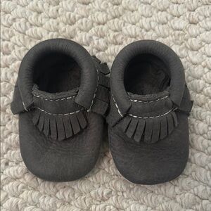 Gray Leather Kids Moccasins by Freshly Picked